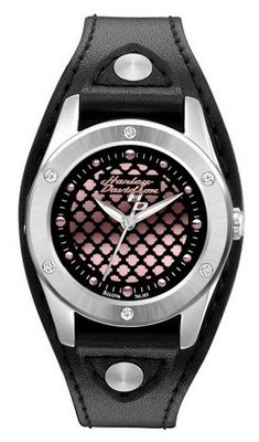 Harley-Davidson® Bulova® Stainless Steel Black Leather Strap . Pink Logo and Bar & Shield Pattern Dial. Sweep Second Hand. 76L163