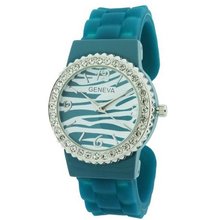 Crystal Embellished Bangle Style w/ Zebra Print Design- Teal