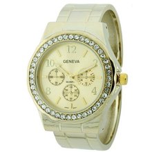 Elegant Cuff With Rhinestone Bezel- Gold