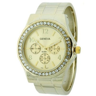 Elegant Cuff With Rhinestone Bezel- Gold