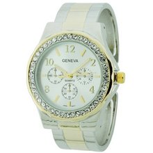 Elegant Cuff With Rhinestone Bezel- Silver/Gold