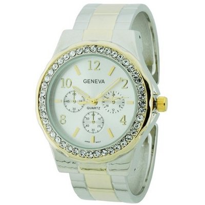 Elegant Cuff With Rhinestone Bezel- Silver/Gold