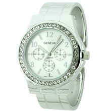 Elegant Cuff With Rhinestone Bezel- Silver/White