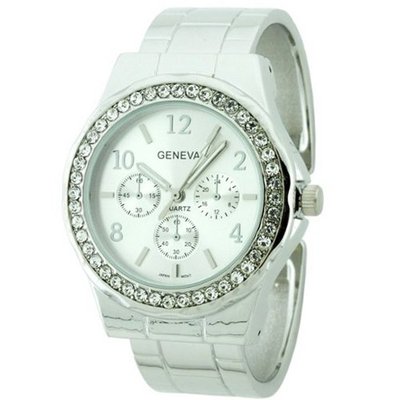 Elegant Cuff With Rhinestone Bezel- Silver/White