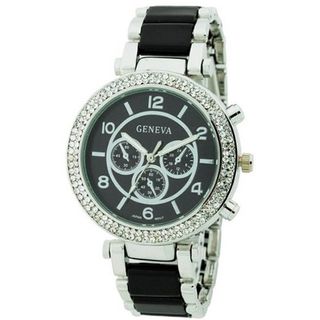 Elegant Wrist w/ Rhinestone Bezel - Black/Silver