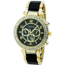 Elegant Wrist w/ Rhinestone Bezel - Gold/Black
