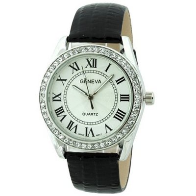 Fashion Chic w/ Rhinestones & snakeskin textured Strap - Black/Silver