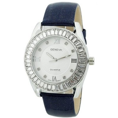 Fashion Chic w/ Rhinestones & snakeskin textured Strap - Navy/Silver