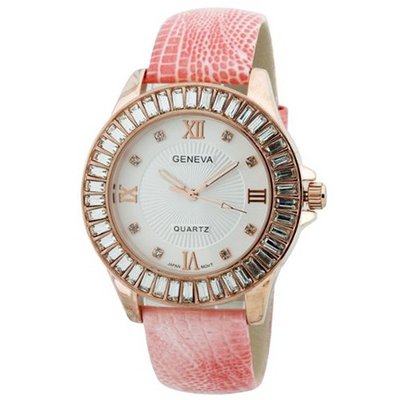 Fashion Chic w/ Rhinestones & snakeskin textured Strap - Pink/Gold