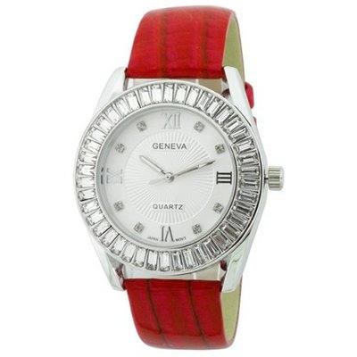 Fashion Chic w/ Rhinestones & snakeskin textured Strap - Red/Silver