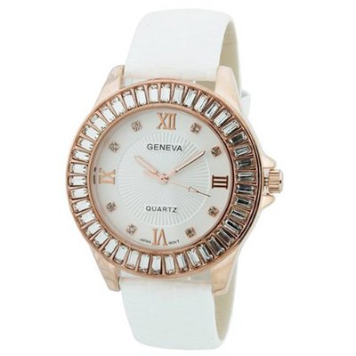Fashion Chic w/ Rhinestones & snakeskin textured Strap - White/Gold