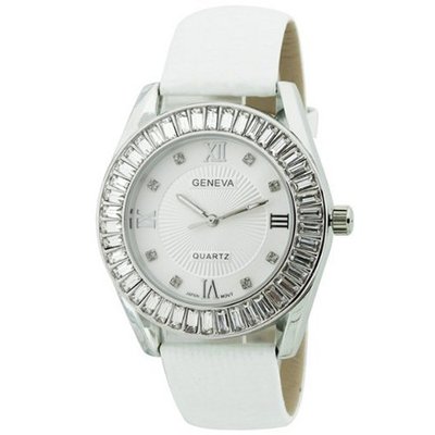 Fashion Chic w/ Rhinestones & snakeskin textured Strap - White/Silver