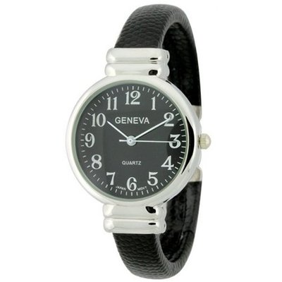 Petite Cuff with Round Dial and Sophisticated Lizard Texture Design - Black