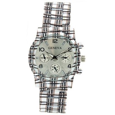 Plaid Fashion Wrist with Metal Link Strap - White