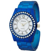 Rhinestone Round Face Cuff with Metallic Finish - Blue