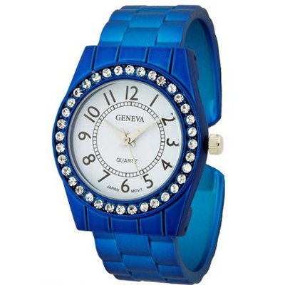Rhinestone Round Face Cuff with Metallic Finish - Blue