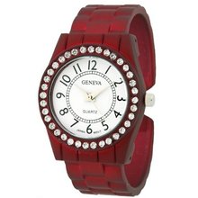 Rhinestone Round Face Cuff with Metallic Finish - Red