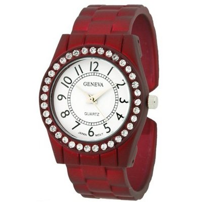 Rhinestone Round Face Cuff with Metallic Finish - Red