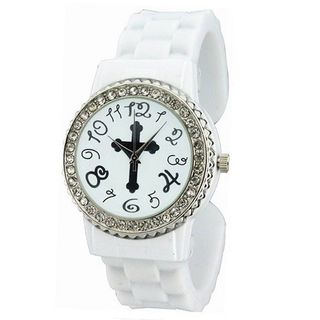 Round Face Silicone Bangle Style w/ Cross Symbol - White