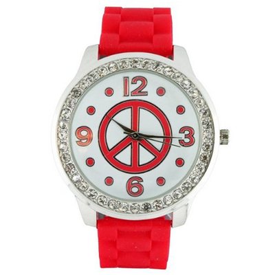 Round Face Silicone w/ Peace Sign and Crystal Accents - Red
