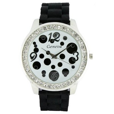 Round Face Silicone w/ Polka Dots and Crystal Accents - Black