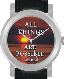"All Things Are Possible" From Matthew 19:26 Is the Inspirational Image on the Dial of the Unisex Size Brushed Chrome Round Case with Black Leather Strap