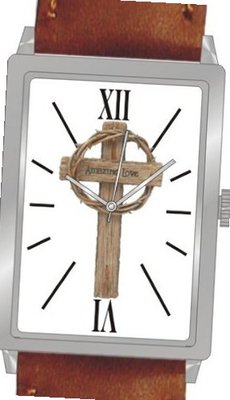 "Amazing Love" Is the Inspirational Image on the Dial of the Unisex Size Polished Chrome Rectangle Case with Brown Leather Strap