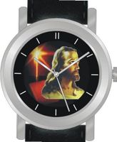 "Jesus Christ" Is the Inspirational Image on the Dial of the Unisex Size Brushed Chrome Round Case with Black Leather Strap