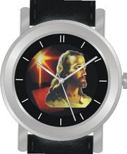 "Jesus Christ" Is the Inspirational Image on the Dial of the Unisex Size Brushed Chrome Round Case with Black Leather Strap