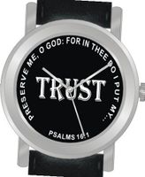 "Trust" From Psalms 16:1 Has the Inspirational Words on the Dial of the Unisex Size Brushed Chrome Round Case with Black Leather Strap