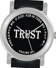 "Trust" From Psalms 16:1 Has the Inspirational Words on the Dial of the Unisex Size Brushed Chrome Round Case with Black Leather Strap
