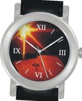 uInspirational Time "Bible and Cross" Is the Inspirational Image on the Dial of the Unisex Size Brushed Chrome Round Case with Black Leather Strap 