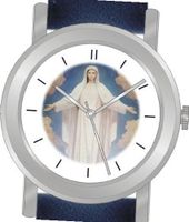 uInspirational Time "Virgin Mary" Is the Inspirational Image on the Dial of the Unisex Size Brushed Chrome Round Case with Navy Blue Leather Strap 