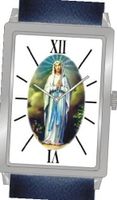 "Virgin Mary" Is the Inspirational Image on the Dial of the Unisex Size Polished Chrome Rectangle Case with Navy Blue Leather Strap