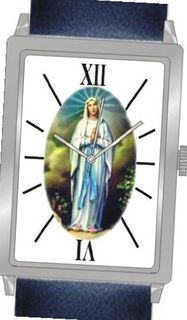 "Virgin Mary" Is the Inspirational Image on the Dial of the Unisex Size Polished Chrome Rectangle Case with Navy Blue Leather Strap