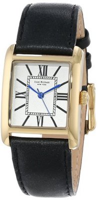 Isaac Mizrahi IMN04B Black Gold Tone Tank Polished Case Roman Numeral Dial Black Leather Strap
