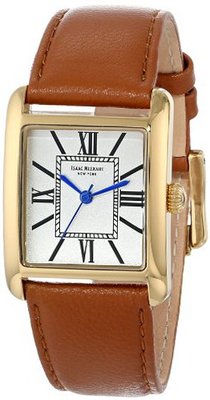 Isaac Mizrahi IMN04L Lug Gold Tone Tank Polished Case Roman Numeral Dial Luggage Leather Strap
