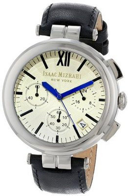 Isaac Mizrahi IMN50B Steel Polished Chrono Case Smooth Black Leather Strap