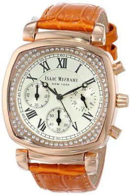 Isaac Mizrahi IMN54O Rose Gold Cushion Crystal Case Orange Leather Croco Embossed Leather Strap