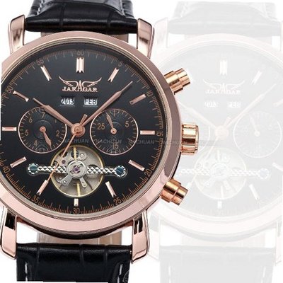 JARAGAR Automatic Mechanical Classic Black Tourbillion Date Day Leather Sport Wrist PMW092