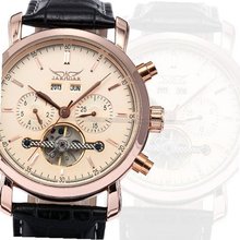 JARAGAR Automatic Mechanical Rose Gold Classic Tourbillion Date Leather Sport Wrist PMW091