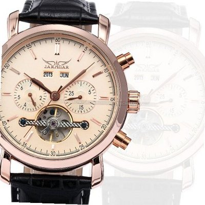 JARAGAR Automatic Mechanical Rose Gold Classic Tourbillion Date Leather Sport Wrist PMW091