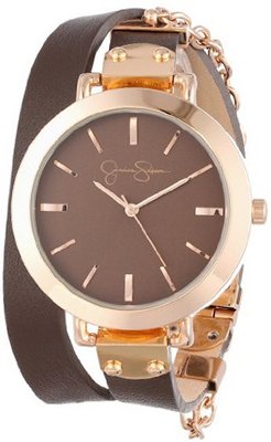 Jessica Simpson JS020D Brown Rose Round Case Analog Double Wrap Strap and Hanging Chain