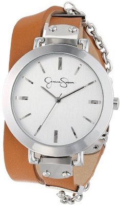 Jessica Simpson JS020H Tan Silver Round Case Analog Double Wrap Strap and Hanging Chain