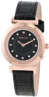 Johan Eric JE1200-09-007 Djursland Rose Gold Ion-Plated Stainless Steel Black Leather Swarovski Crystal