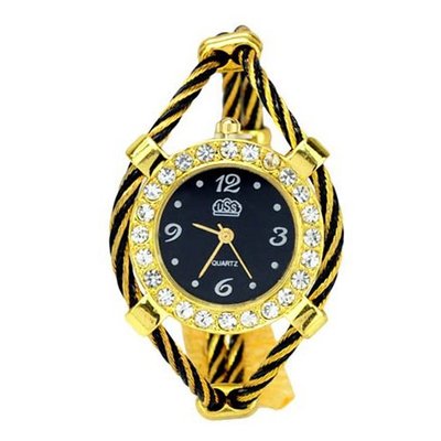 Bracelet Quartz Movement Wrist Set with Rhinestone Decoration - Black