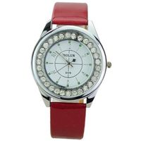 Elegant PU Leather Band Round Dial Rhinestones Quartz Movement with Waterproof and Stainless Steel Back-White dial and red band