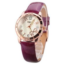 Fashion Luminous pointer Genuine Leather Waterproof Quartz Ladies' Wrist Purple