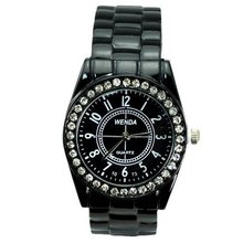 Fashionable Graceful tal Round Dial Bracelet Quartz Movement Wrist with Rhinestone-Black