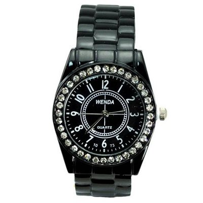 Fashionable Graceful tal Round Dial Bracelet Quartz Movement Wrist with Rhinestone-Black